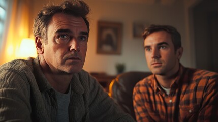 Obraz premium Two men sitting together, watching something with serious expressions