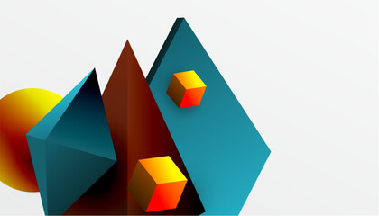 Abstract design showcasing isometric cubes, pyramids, squares, and spheres in a vibrant 3D layout. Modern and dynamic, perfect for tech, design, or futuristic themes