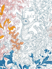 Naklejka premium Bunny Rabbit in Floral Garden Line Art Botanical Illustration