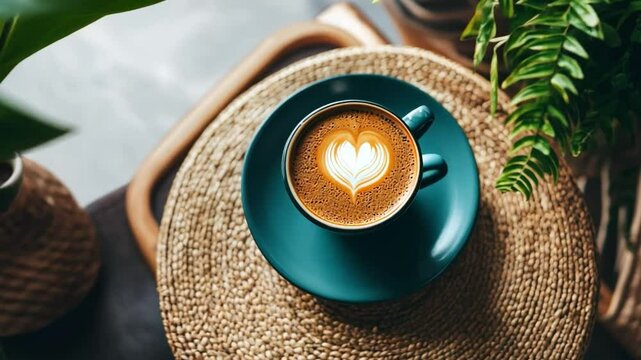 Coffee Break: A close-up of a steaming cup of cappuccino with intricate heart-shaped latte art, resting on a woven coaster amidst lush greenery. The image exudes a sense of calm and tranquility.