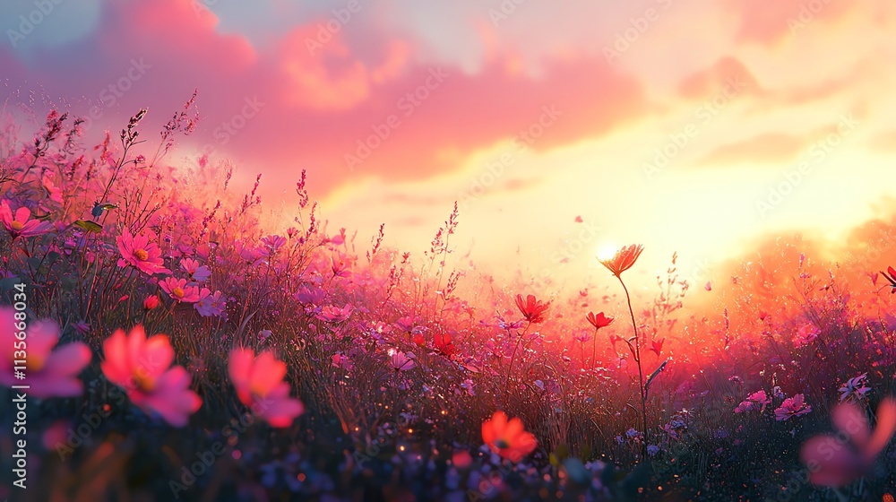 Aufkleber a vibrant sunset over a blooming field of flowers, creating a serene and enchanting atmosphere.