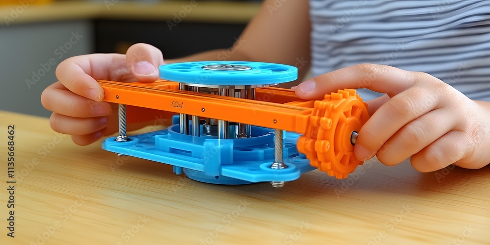 Poster a child assembling a colorful mechanical toy with gears and pulleys.