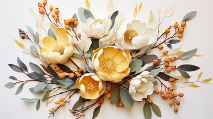 A bouquet of flowers with yellow and white flowers and green leaves