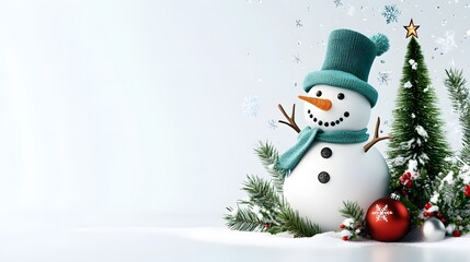 Fototapeta premium Cheerful cartoon snowman with christmas tree winter wonderland digital illustration festive atmosphere close-up view holiday spirit