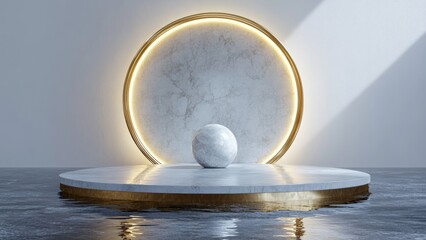 A marble orb rests on a circular platform surrounded by calm water