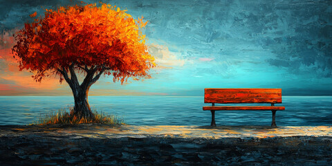 Obraz premium Autumn Tree and Bench by the Water
