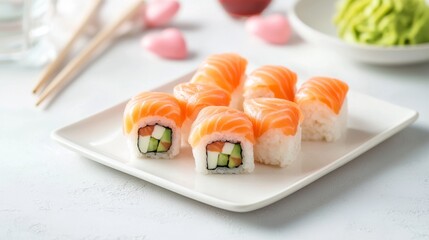 Delicious sushi platter with salmon and fresh vegetables, perfect for a romantic Valentine’s Day meal