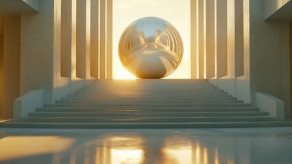 Sunset on a large metallic sphere in a calm setting