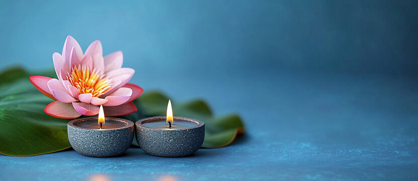 Serene candle holders and pink lotus create a tranquil ambiance, perfect for spa promotions or Diwali celebrations highlighting peace and wellness.