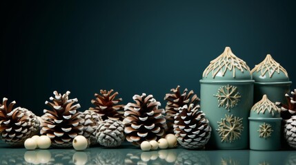 A green background with pine cones and snowflakes