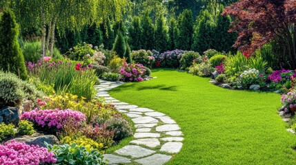 Lush garden with vibrant flower, stone pathway, and manicured lawn inviting relaxation.