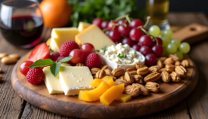 An assortment of cheese, nuts and fruit, beautifully arranged on a wooden board, with a glass of red wine nearby