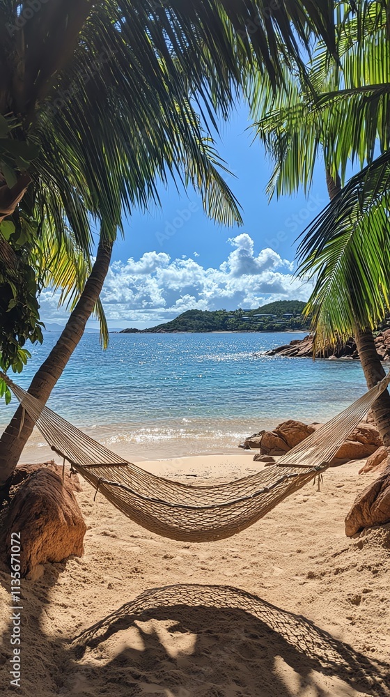 Poster a tranquil beach scene featuring a hammock between palm trees overlooking the ocean.