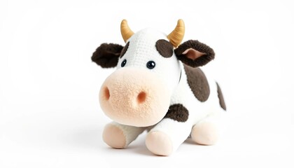 a soft toy spotted cow on a white background