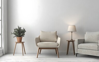 Minimalist living room with armchair, side table, lamp, and plant.