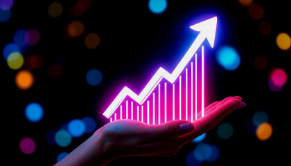 A hand holding an upward-trending graph on a dark background with an upward-pointing arrow,...