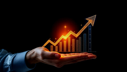 A hand holding an upward-trending graph on a dark background with an upward-pointing arrow,...