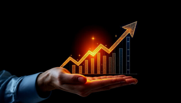 A hand holding an upward-trending graph on a dark background with an upward-pointing arrow, signifying development and advancement in the financial or commercial sectors