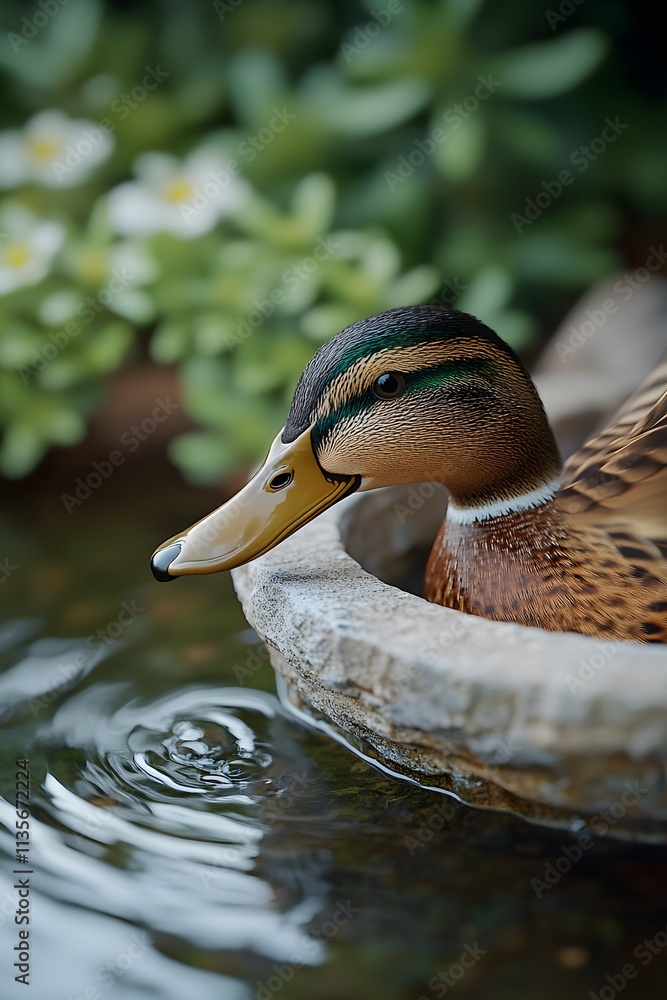 Poster a close-up of a duck in a serene setting with plants and rippling water.