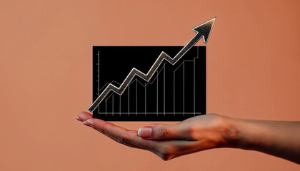 A hand holding an upward-trending graph on a dark background with an upward-pointing arrow,...