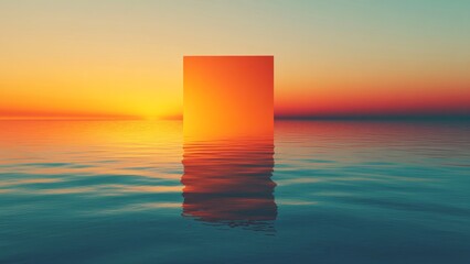 Reflection of a golden cube at sunset over calm waters