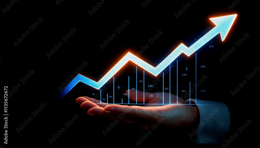 Poster a hand holding an upward-trending graph on a dark background with an upward-pointing arrow, signifyi