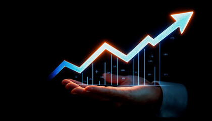 A hand holding an upward-trending graph on a dark background with an upward-pointing arrow,...
