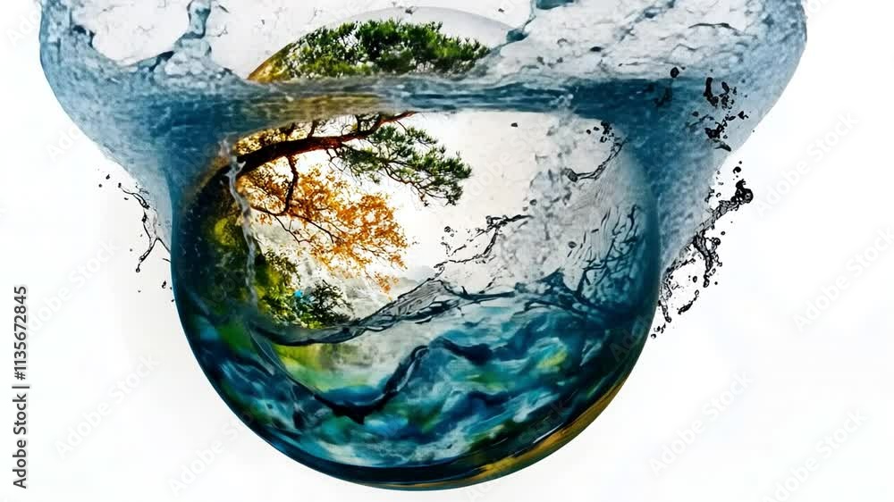Poster artistic circular water splash with smooth curves, blending abstraction and natural visuals,