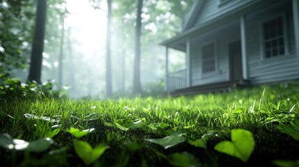 Savings galore house in the woods surrounded by lush grass and trees with beautiful natural lighting and serene atmosphere for real estate