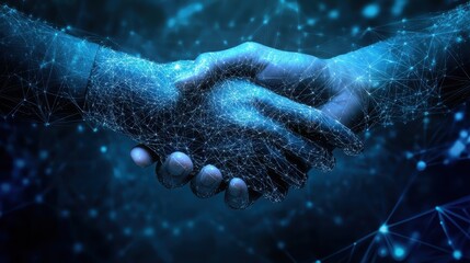 Fototapeta premium A hand is shaking another hand in a blue background