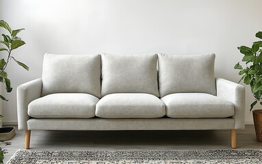 Light grey fabric sofa with three cushions on wooden legs against a white wall.