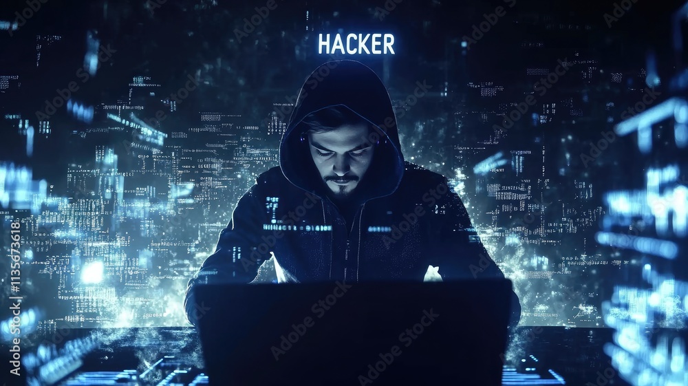 Poster hacker wearing a dark blue hoodie in front of a laptop, surrounded by code and digital numbers on a 