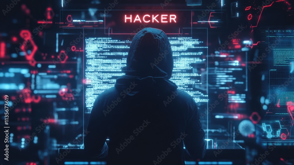 Poster a hacker wearing a dark blue hoodie in front of a laptop, surrounded by code and digital numbers on 