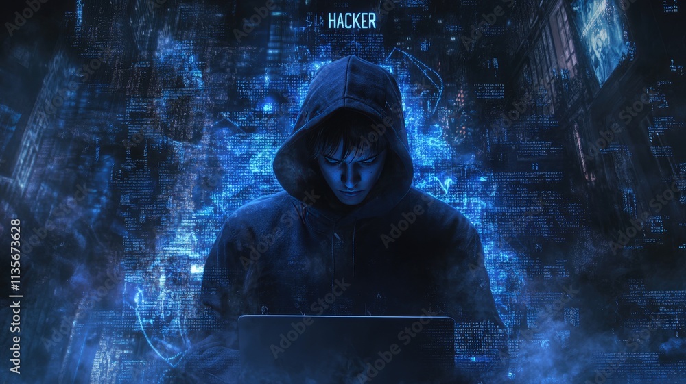 Poster a hacker wearing a dark blue hoodie in front of a laptop, surrounded by code and digital numbers on 