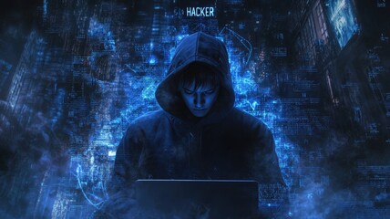 A hacker wearing a dark blue hoodie in front of a laptop, surrounded by code and digital numbers on a black background, with "HACKER" written at the top center of the frame,generative ai
