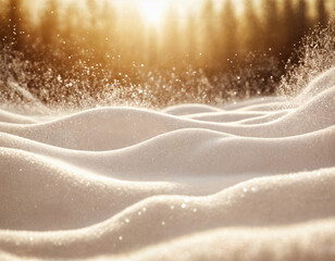 Winter bright background. Christmas landscape with snowdrifts and pine branches in the frost.