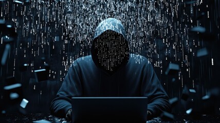 hacker wearing a dark blue hoodie and black face typing in front of a laptop with background is dark with many computer screen numbers and data flowing,generative ai