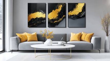 Gold and black abstract triptych wall art above grey sofa in modern living room.