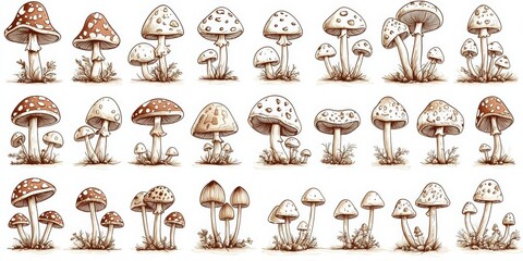 Edible mushrooms collection in line art and cartoon style