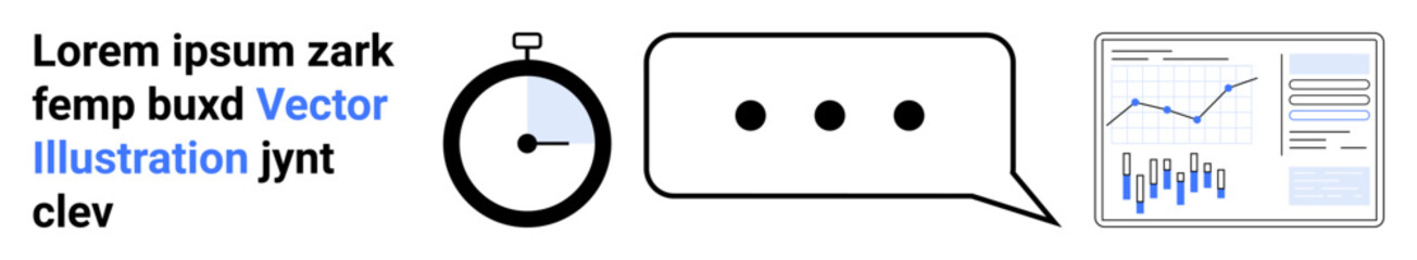 Text placeholder, stopwatch, speech bubble, and graphical chart with data points and bars on a document. Ideal for business analytics, time management, communication, data visualization