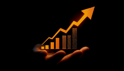 A hand holding an upward-trending graph on a dark background with an upward-pointing arrow,...