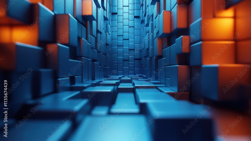 Poster abstract animation geometric design with blue blocks seamless looped video 3d rende