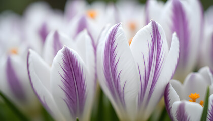Fototapeta premium A macro shot of white crocus flowers with subtle purple stripes, highlighting the intricate textures of the petals