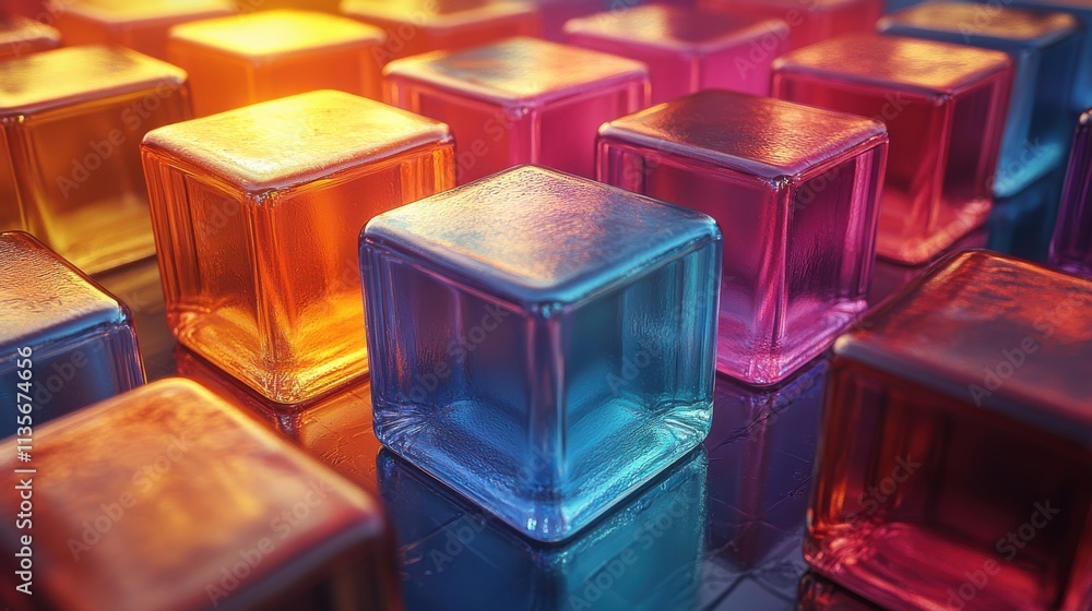 Poster abstract animation geometric design with colorful glass blocks looping video 3d rende