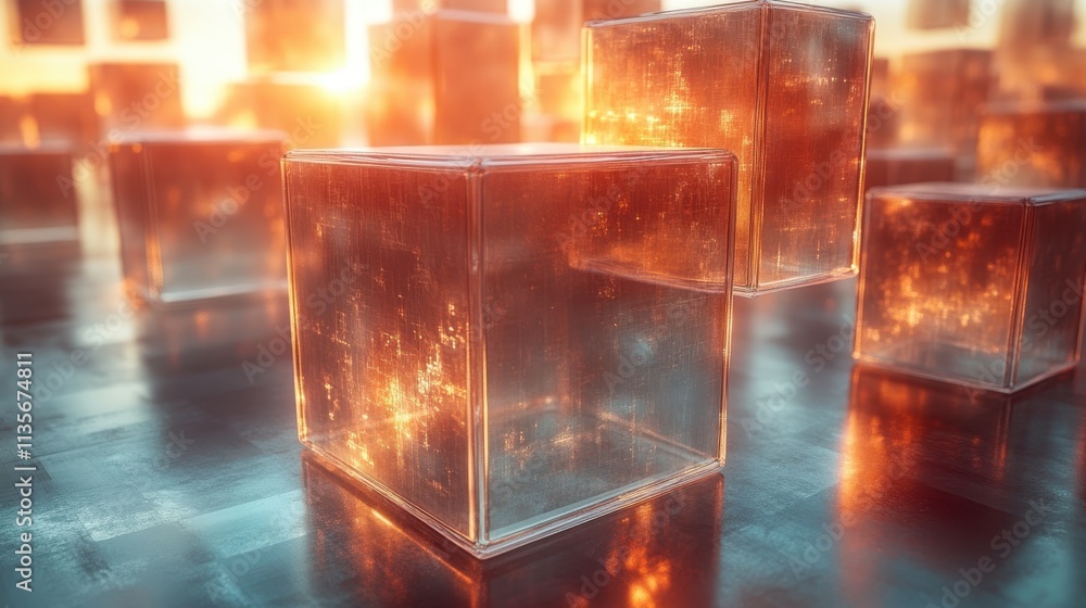 Poster abstract animation geometric design with moving glass blocks looping video 3d rende