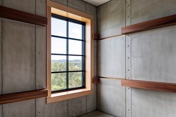 Fototapeta premium Pale Concrete Wall with Timber Accents Featuring Window Breach Design