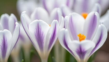 Fototapeta premium A macro shot of white crocus flowers with subtle purple stripes, highlighting the intricate textures of the petals