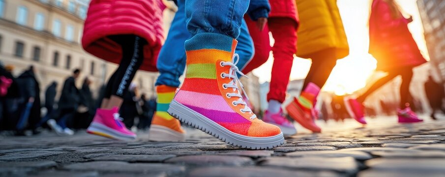 Colorful shoes and vibrant clothing in a lively urban setting during sunset, capturing a sense of movement and style.