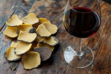 Pasta with truffles and glass of red wine on wooden table copy space.. , isolated on white background,  , copy space, copy space for text,