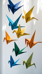 Obraz premium “Floating Origami Birds on Solid Background” – A group of intricately folded origami birds in vibrant colors, arranged mid-air against a solid white background, symbolizing creativity and freedom. 